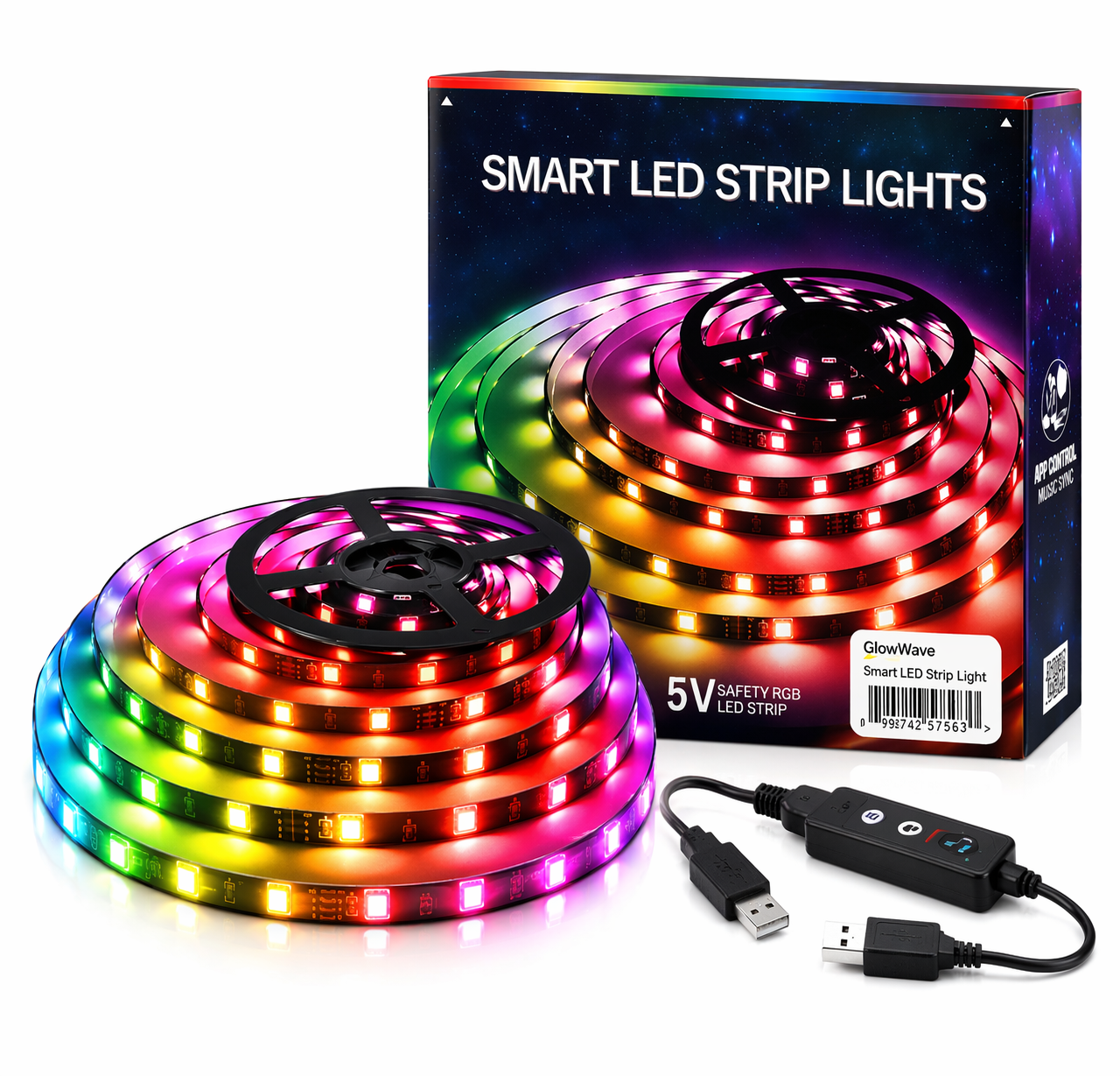 GlowWave Smart LED Strip Lights — 16.4ft RGB, App & Bluetooth Control
