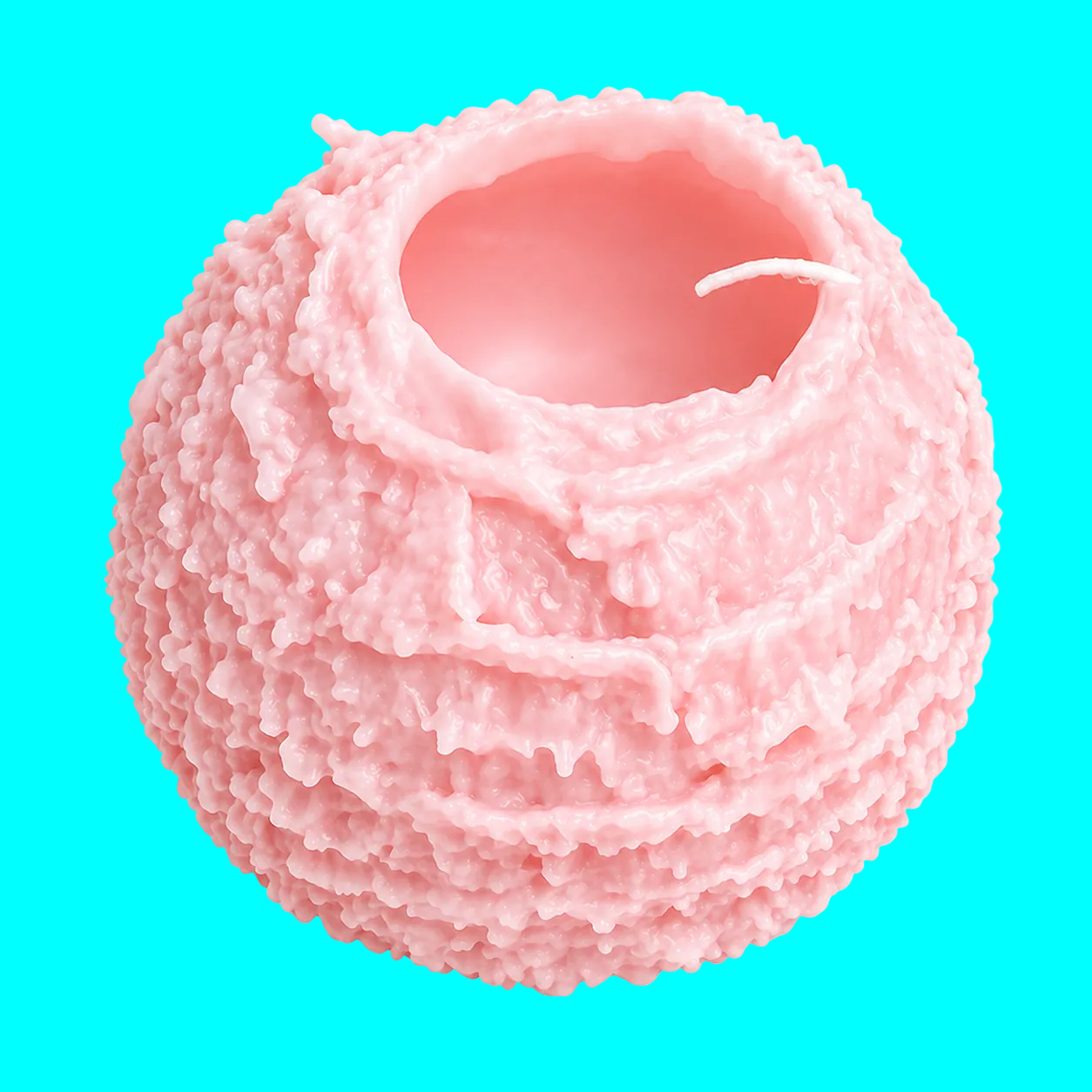 A pink textured spherical candle with a rough, bubbly surface and a hollow center, shown on a transparent checkerboard background.