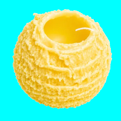 A yellow honeycomb-style beeswax candle with a textured, layered exterior and a smooth yellow interior, shown on a plain white background.