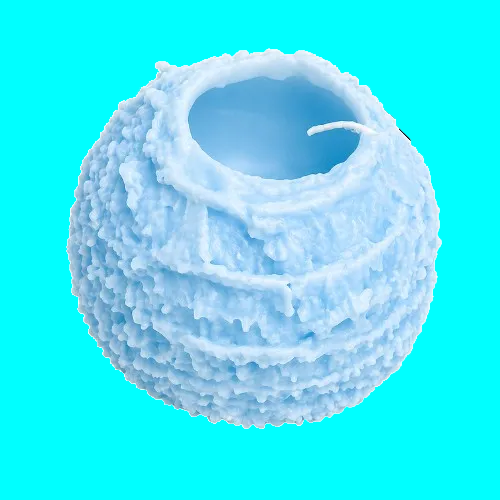 A light blue textured spherical candle with a rough, bubbly surface and an open top, shown on a plain white background.