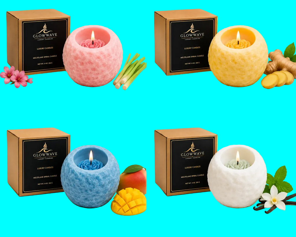 A 2x2 collage showing four Glowwave lemon scented candle wax melts in textured ceramic holders, each with its kraft paper box and flavor notes: Pink - Citronella, Yellow - Ginger, Blue - Mango, and White - Vanilla Mint.