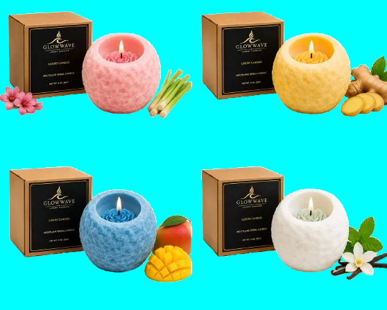 Four Glowwave scented candle tapers in textured ceramic holders, arranged in a 2x2 grid with their wooden boxes and flavor props on a white background. The flavors shown are Sweet Lemon, Fresh Lemongrass, Mango, and Vanilla Bean.